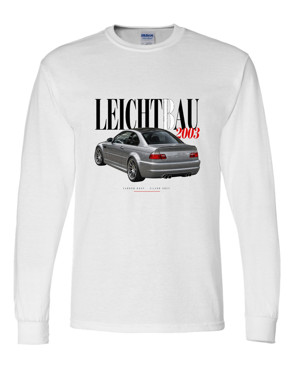 BMW E46 M3 CSL 2003 editorial headline print with Leichtbau carbon roof Silver Grey text white long sleeve front view with the design