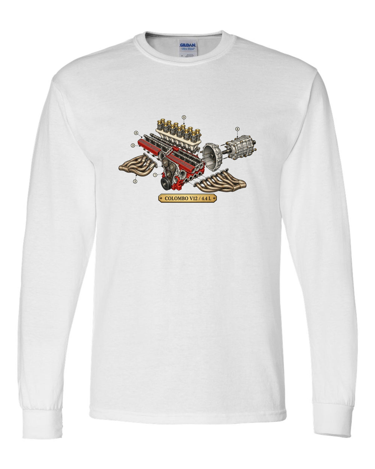 Exploded view of the Ferrari 365 GTB/4 Daytona Colombo V12 engine white long sleeve front view with the design