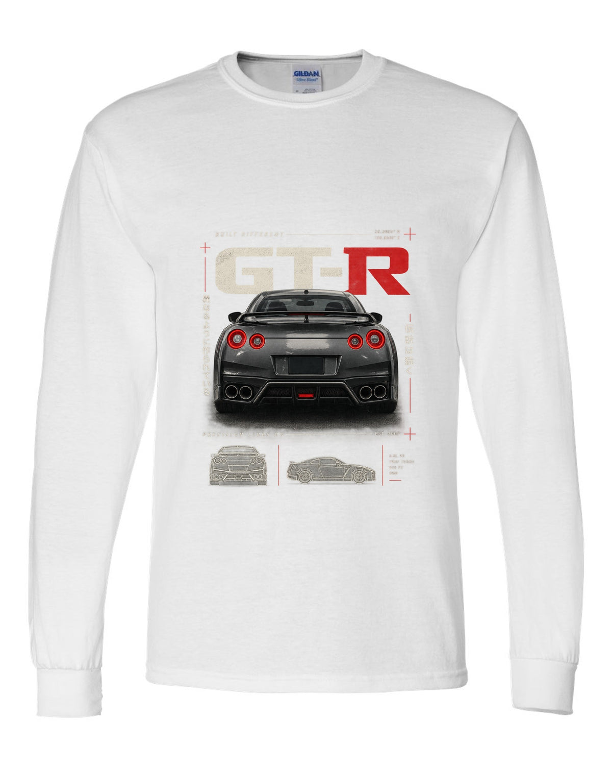 Toyota GR Supra A90 dimension blueprint in warm graphite grey with B58 spec callouts white long sleeve front view with the design