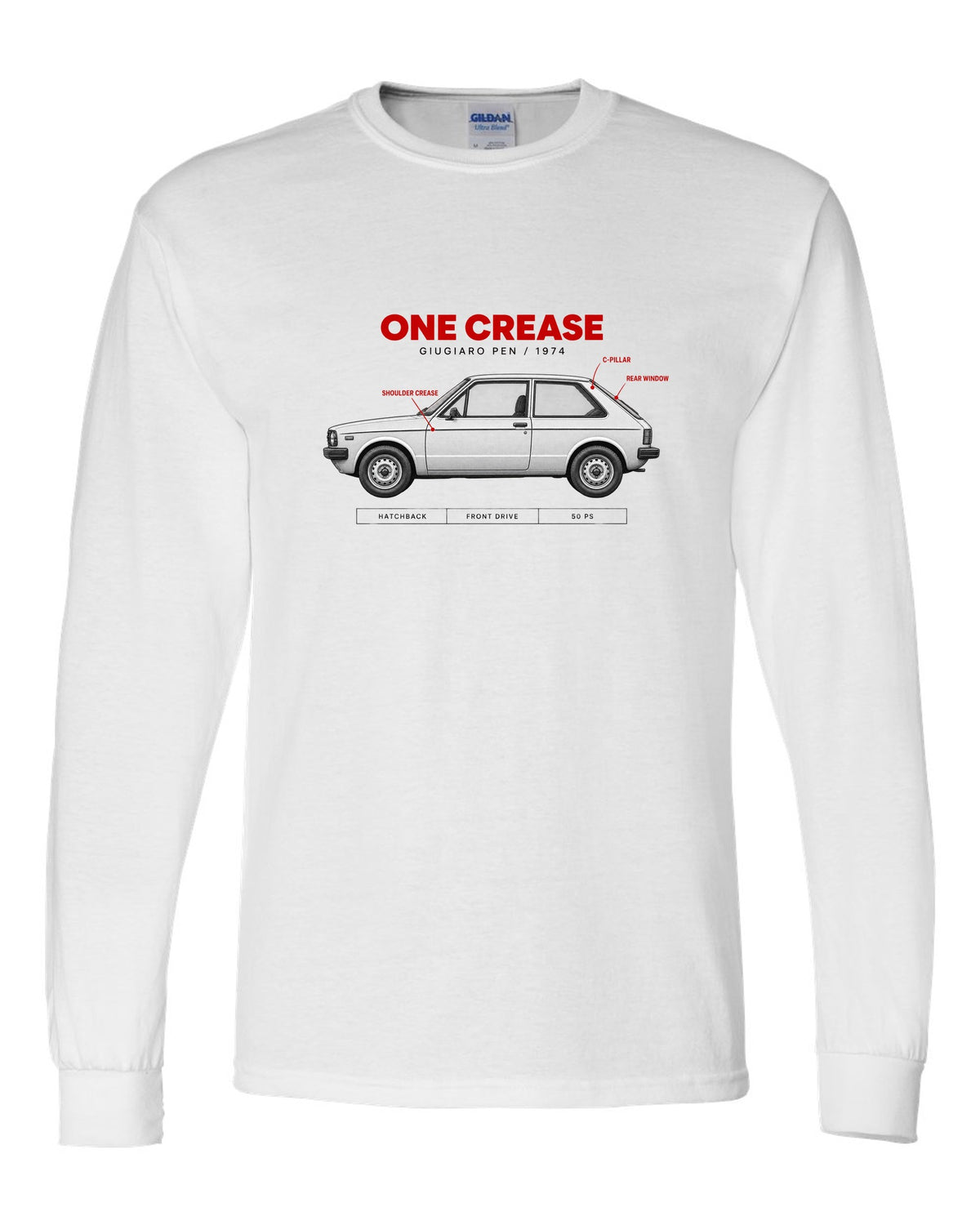 VW Golf Mk1 1974 Giugiaro Spec Poster print white long sleeve front view with the design