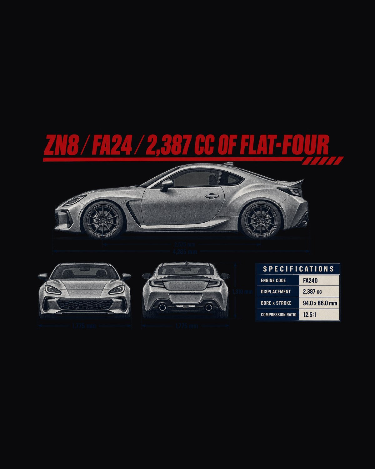 Toyota GR86 ZN8 Three-View Spec Table Shirt, FA24 Car Tee design only