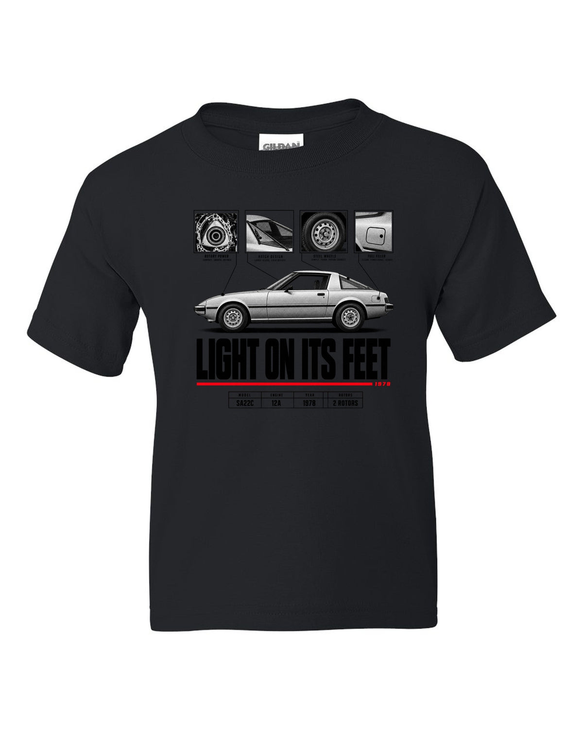 Spec poster print of a Mazda RX-7 SA22C Savanna with 12A lettering black kids tee front view with the design