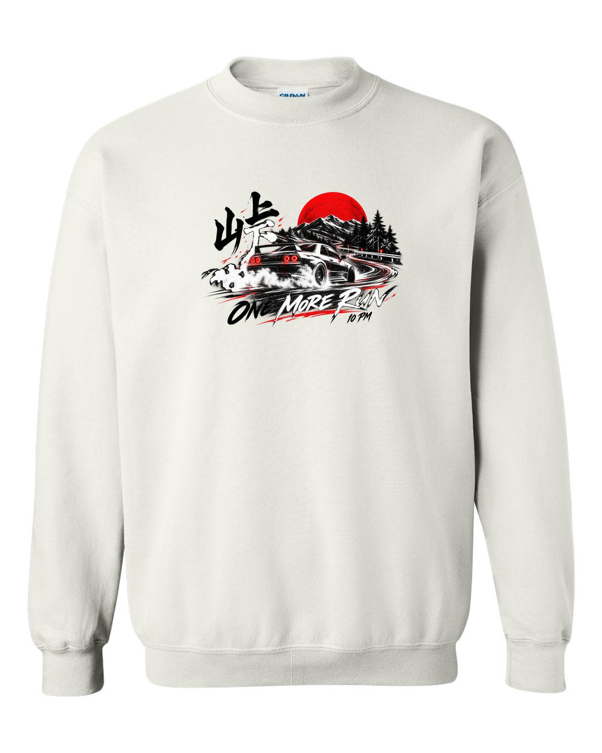 Night cornering print of a Mazda RX-7 FD3S with one more run lettering white crewneck front view with the design
