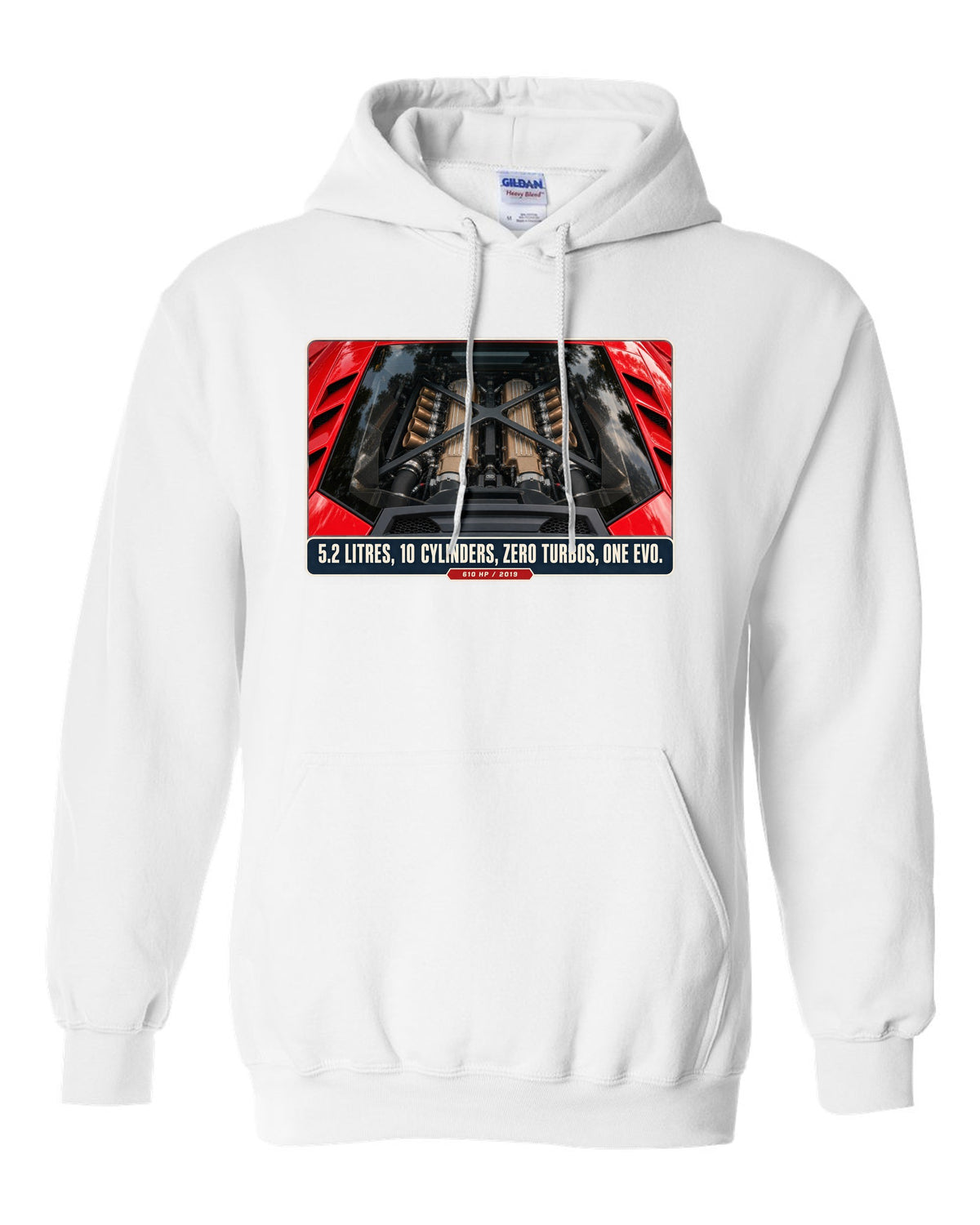 Engine hero print of the Lamborghini Huracan EVO V10 white pull over hoodie front view with the design
