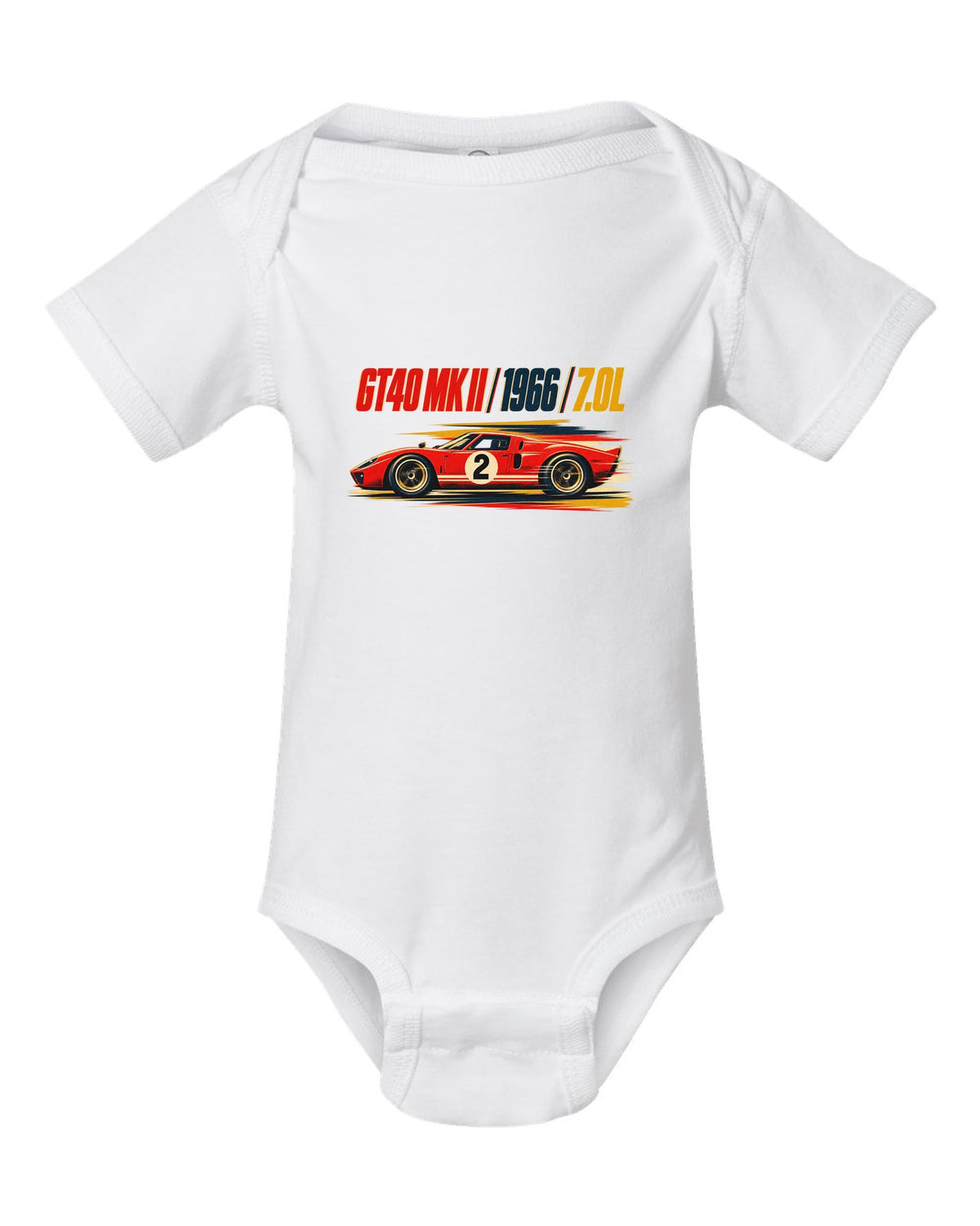 Vintage litho race poster of a 1966 Ford GT40 Mk II with 7.0L lettering white baby onesie front view with the design