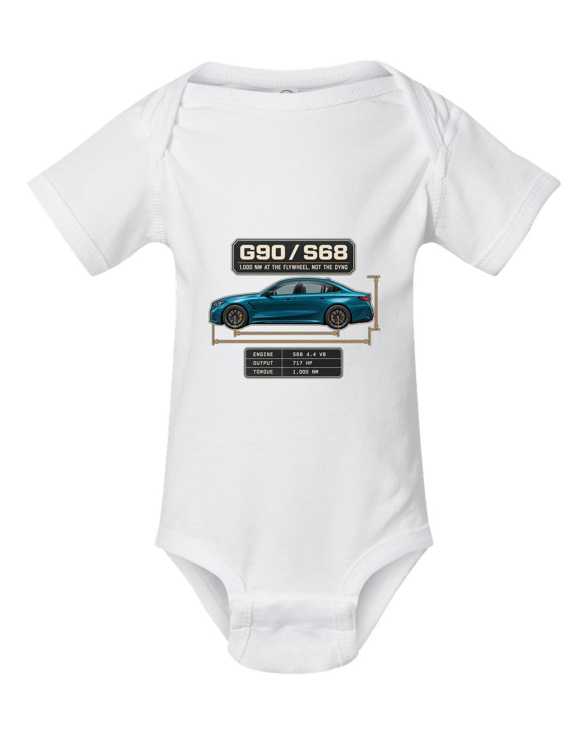 BMW M5 G90 sedan dimension blueprint profile print on a tee white baby onesie front view with the design