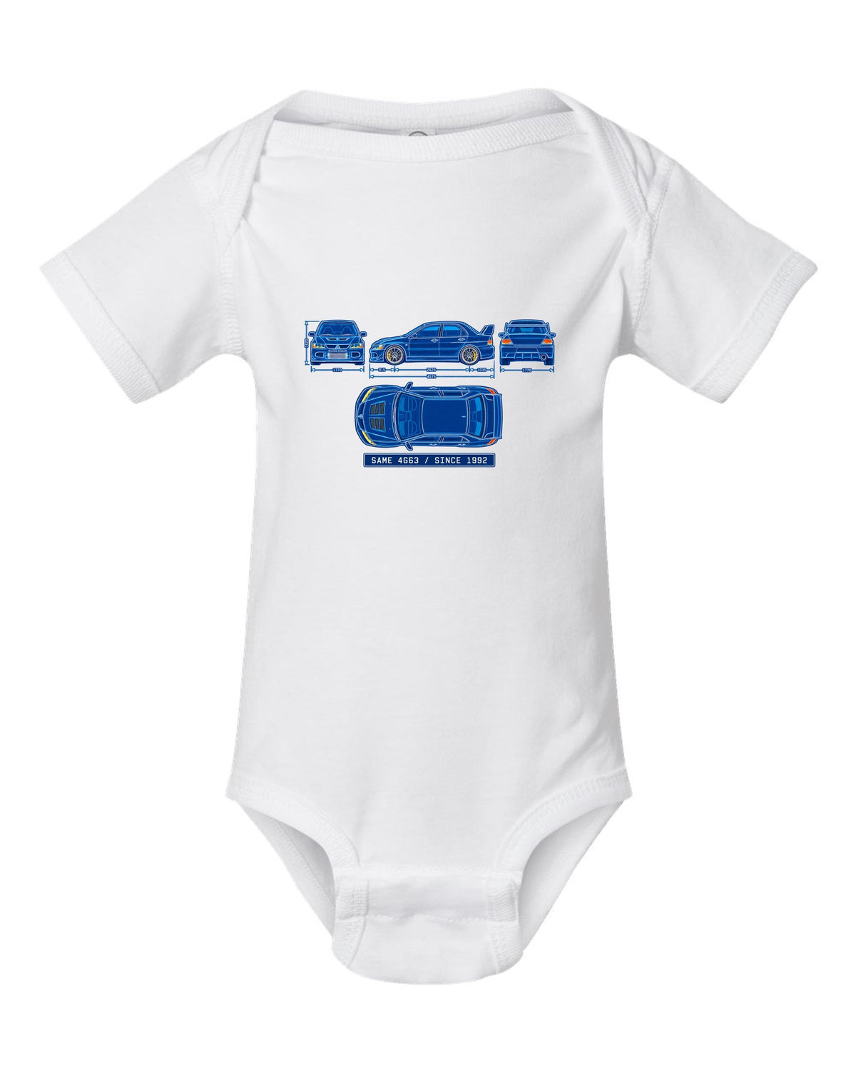 Embroidered patch style print of a boost gauge for the Mitsubishi Evo IX CT9A with boost gauge doesn't lie text white baby onesie front view with the design