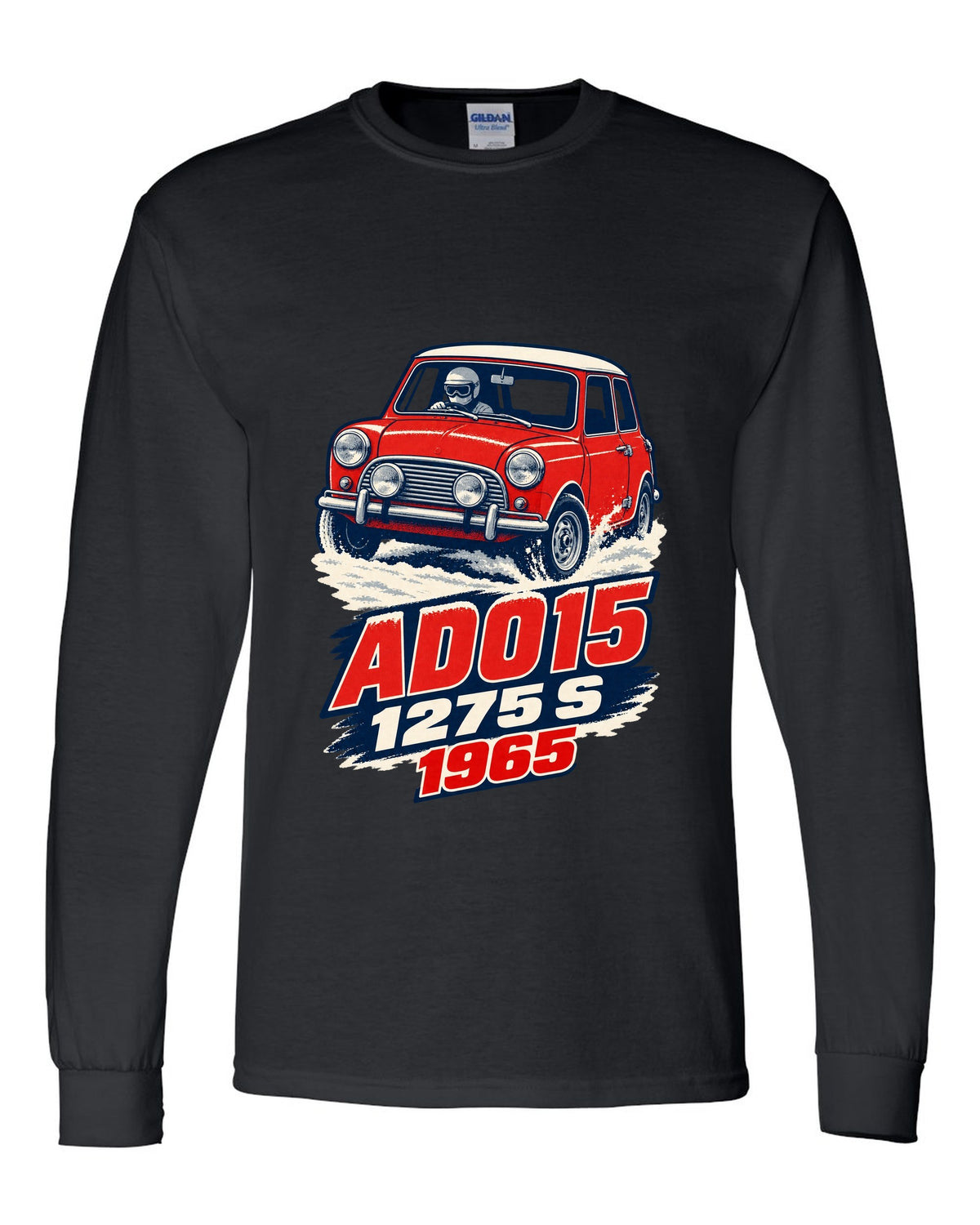1965 Mini Cooper S ADO15 rally car in a 1960s litho poster style black long sleeve front view with the design