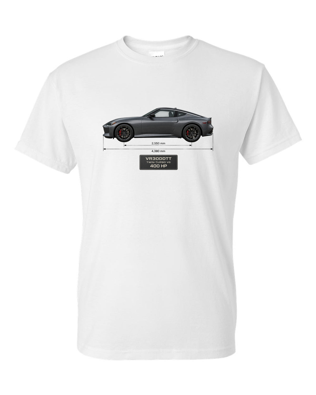 2024 Nissan Z NISMO dossier panels showing 420 hp and 384 lb-ft white t-shirt front view with the design