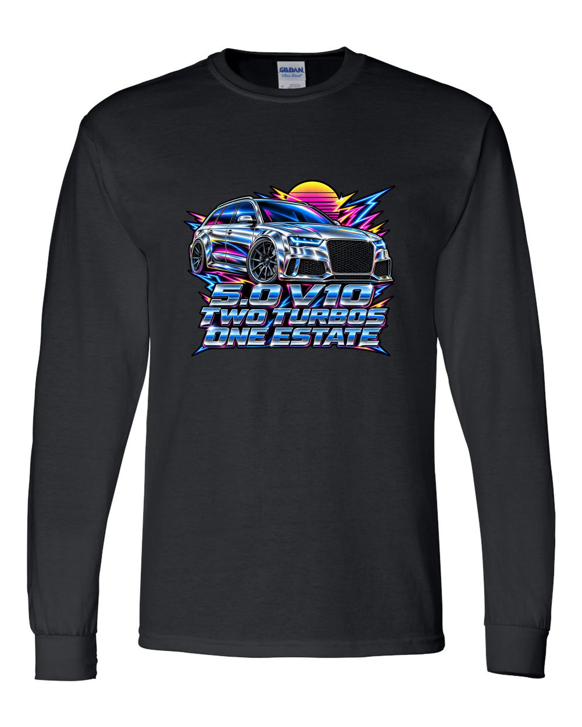 80s airbrush chrome design of the Audi RS6 Avant C6 4F with 5.0 V10 two turbos one estate lettering black long sleeve front view with the design