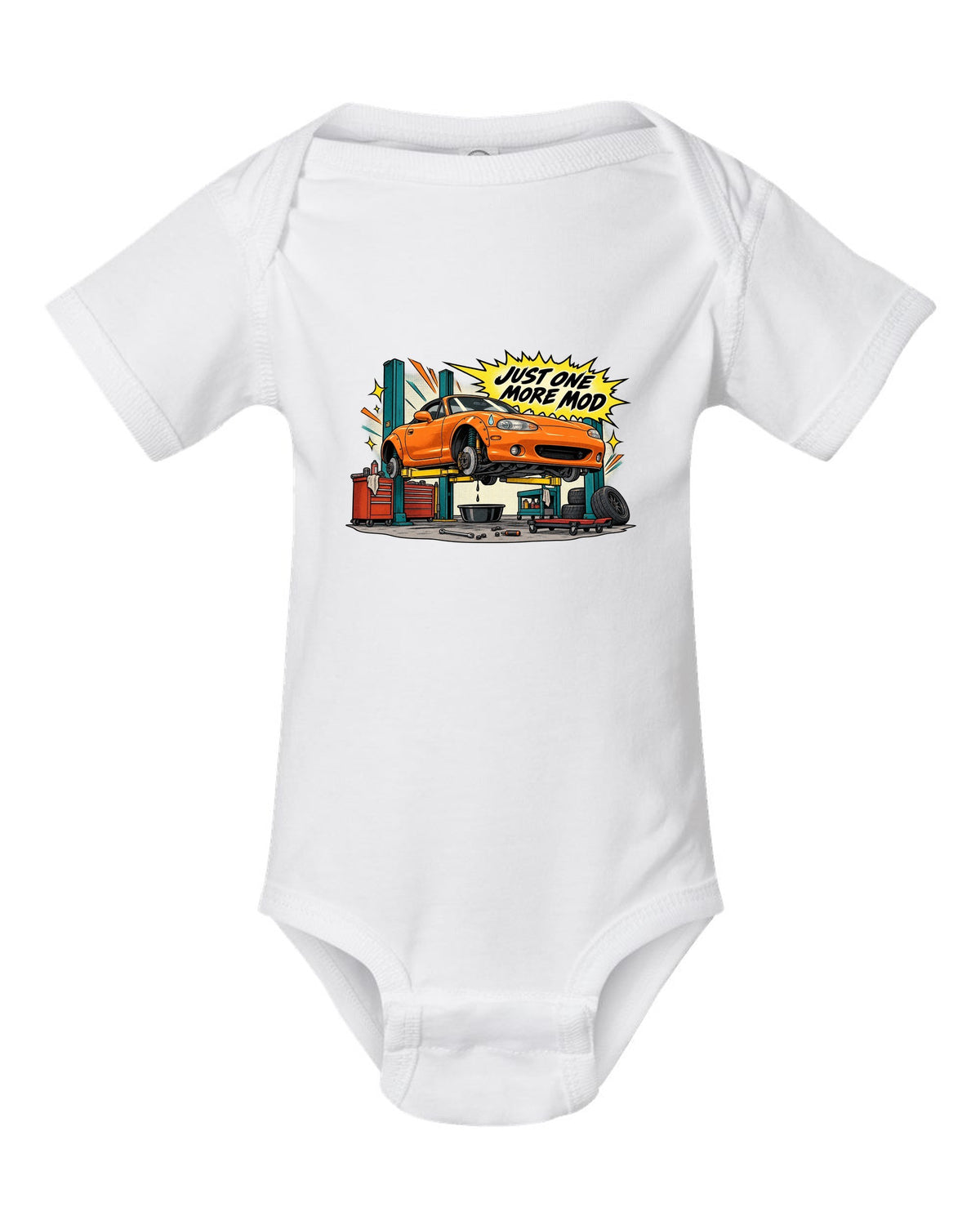 Retro manga halftone panel print of a Mazda MX-5 NB in a workshop with the text Just One More Mod white baby onesie front view with the design