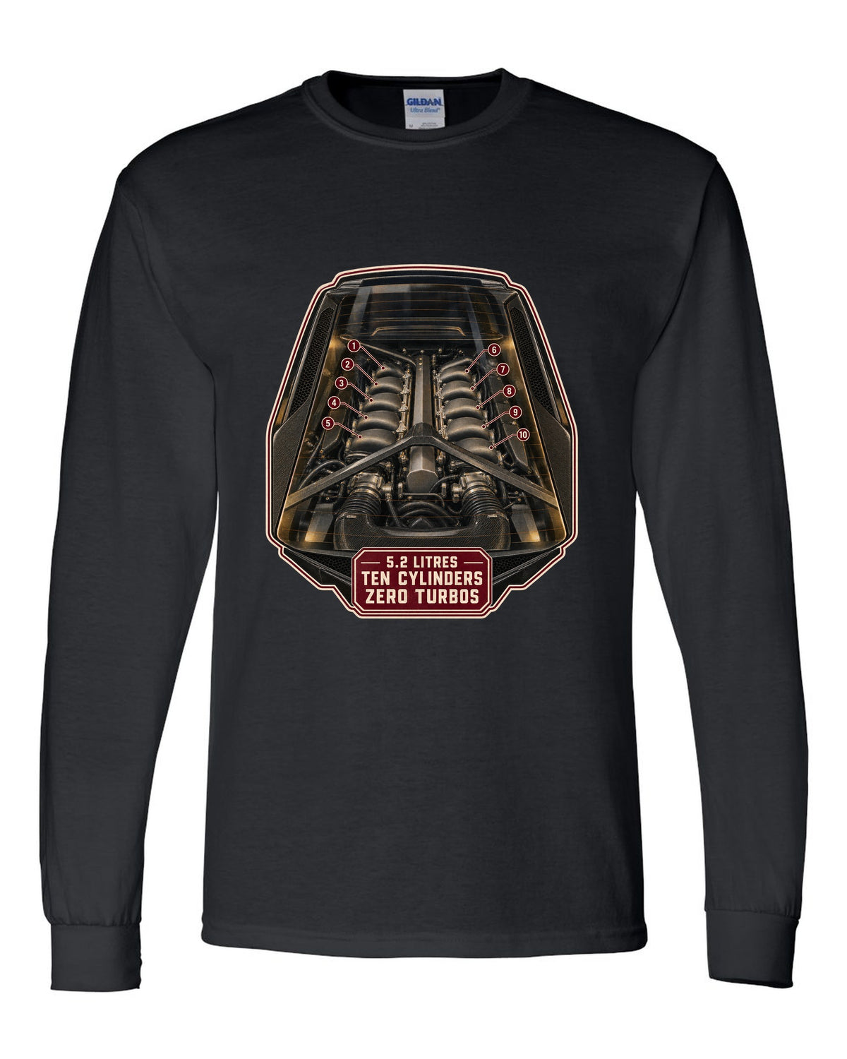Audi R8 V10 plus Type 4S mid-engine bay hero print design black long sleeve front view with the design