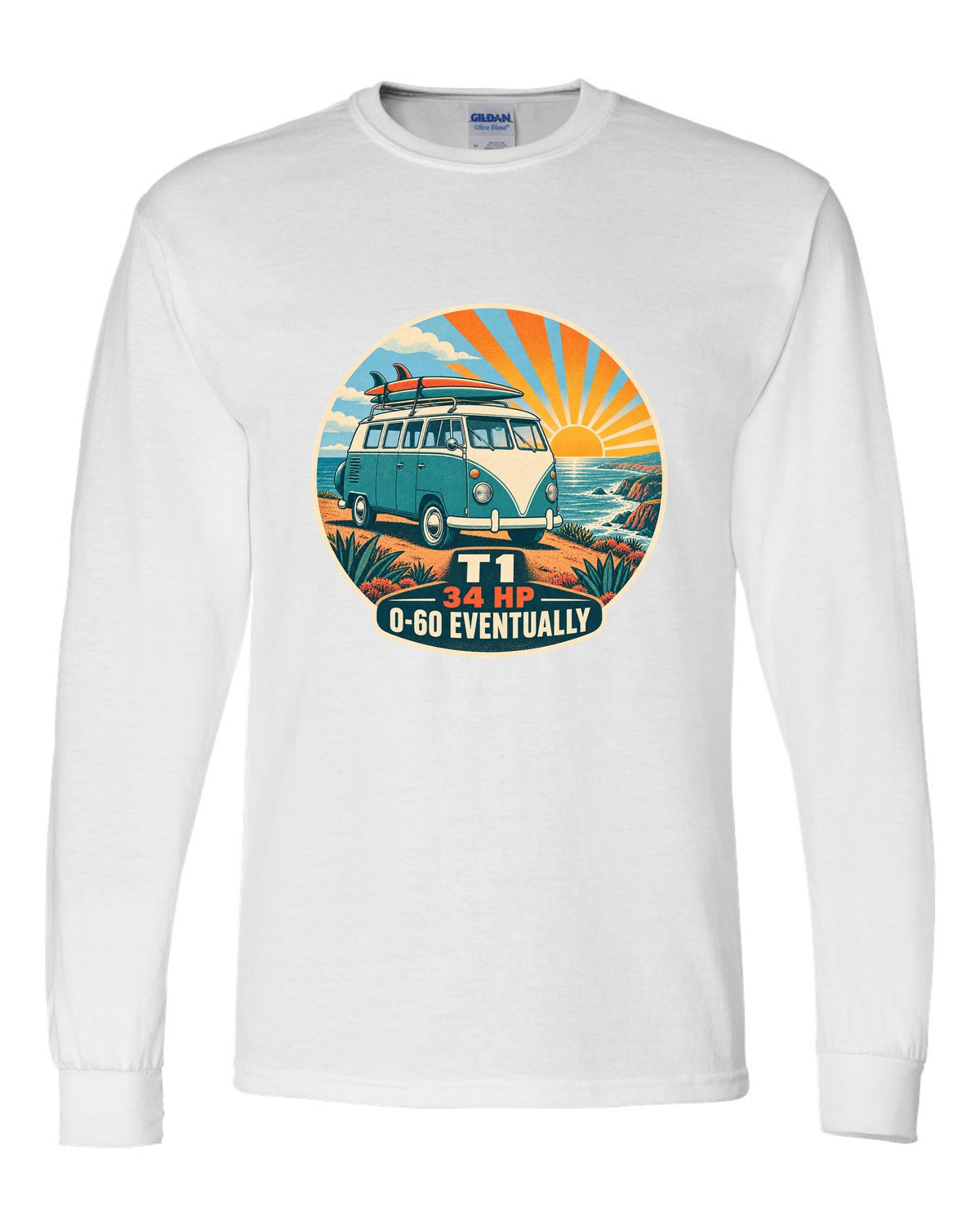 Two-colour silkscreen sunburst print of a 1962 VW Bus T1 split-window with 34 HP lettering white long sleeve front view with the design