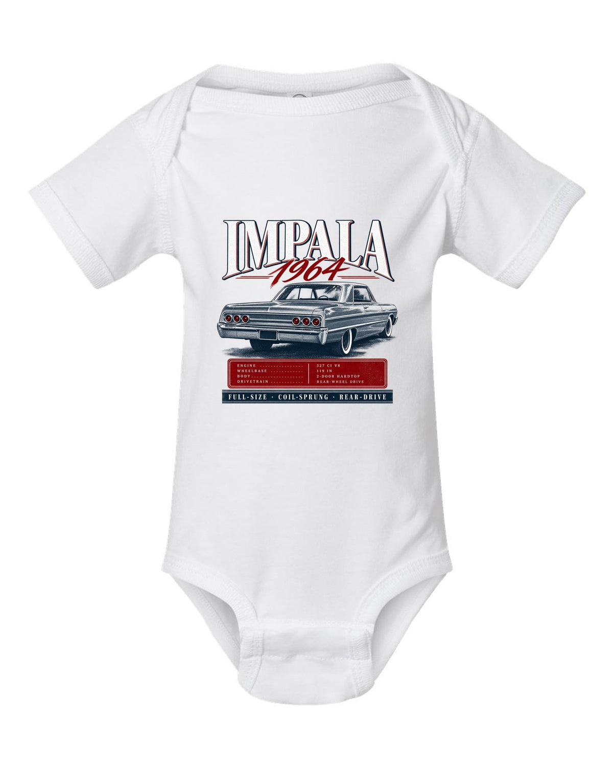 1964 Impala SS B-body rear three-quarter archive panel print white baby onesie front view with the design