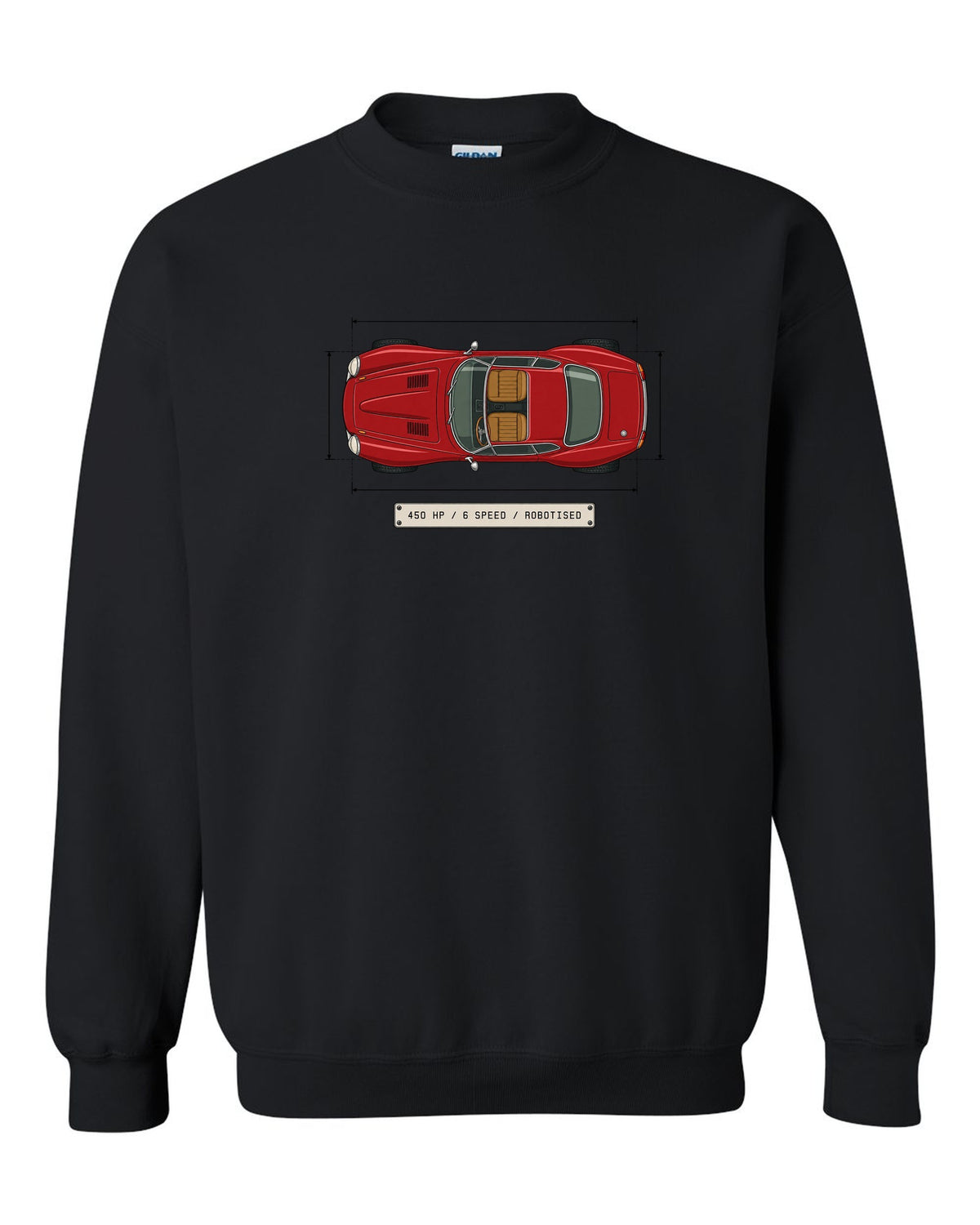 Spec sheet data plate for an Alfa Romeo 8C Competizione with 450 HP 6 speed robotised black crewneck front view with the design