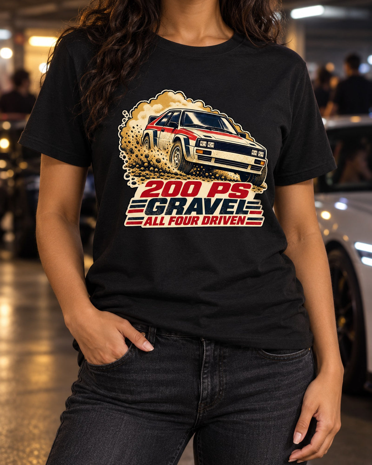 Audi Ur-Quattro Type 85 Gravel Rally Poster Screenprint Shirt T-Shirt Black worn hero