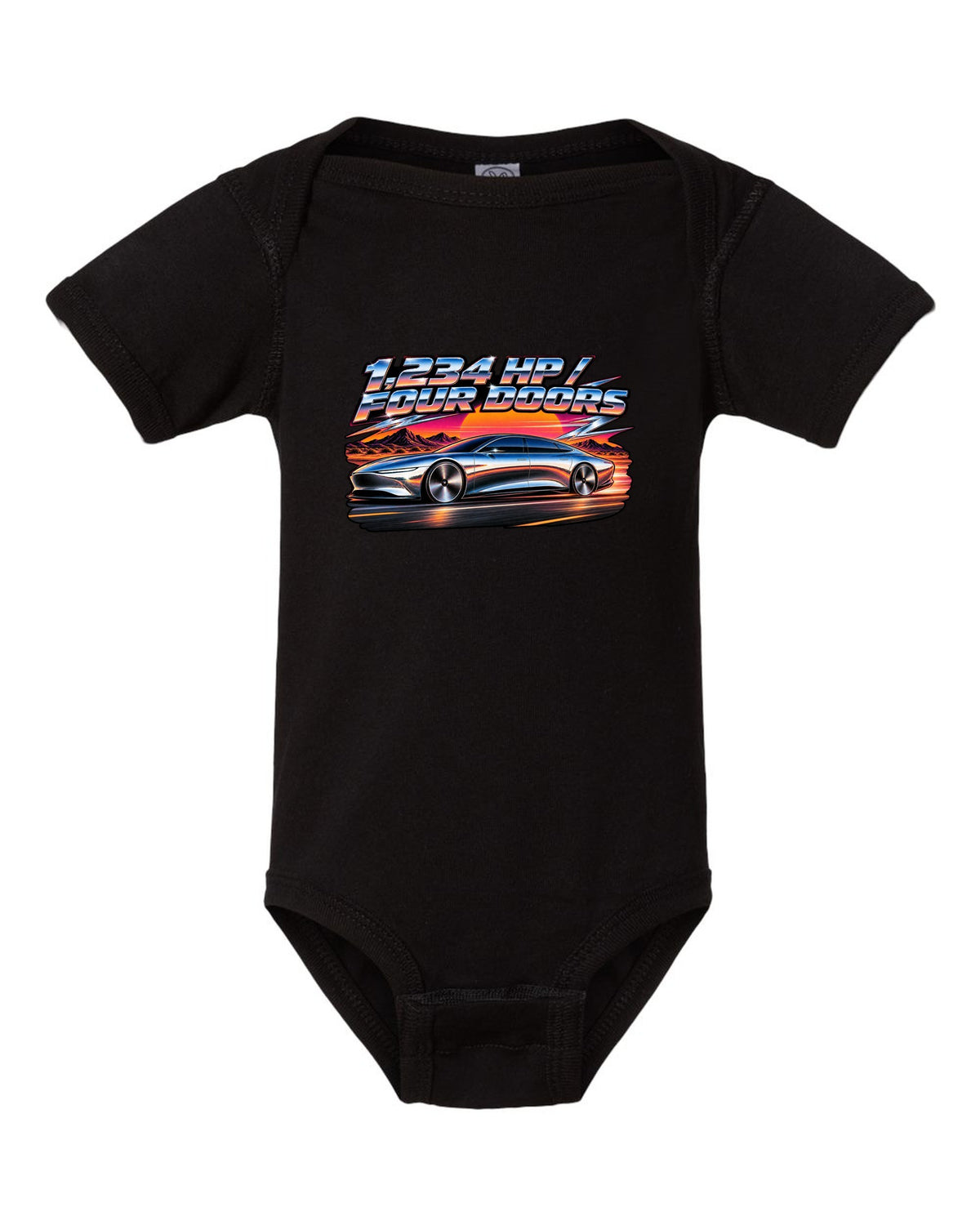 Lucid Air Sapphire 80s airbrush chrome poster print with the text 1,234 hp four doors black baby onesie front view with the design
