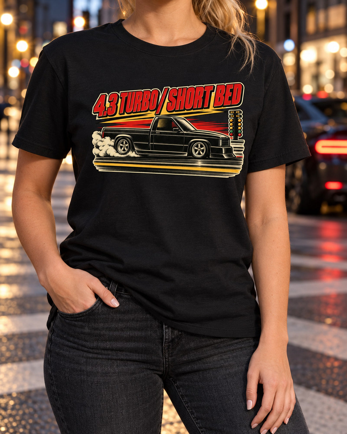 GMC Syclone 1960s Drag Poster Shirt, 4.3 Turbo Short Bed Tee T-Shirt Black worn hero