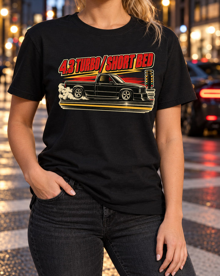 GMC Syclone 1960s Drag Poster Shirt, 4.3 Turbo Short Bed Tee T-Shirt Black worn hero