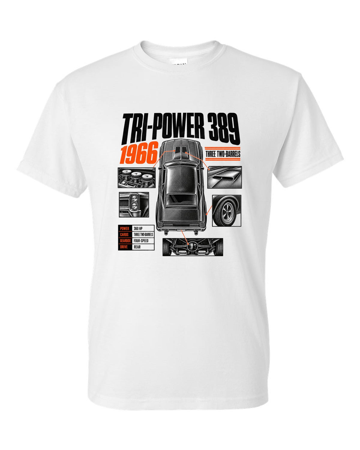 print spec poster of a 1966 Pontiac GTO with Tri-Power 389 lettering white t-shirt front view with the design