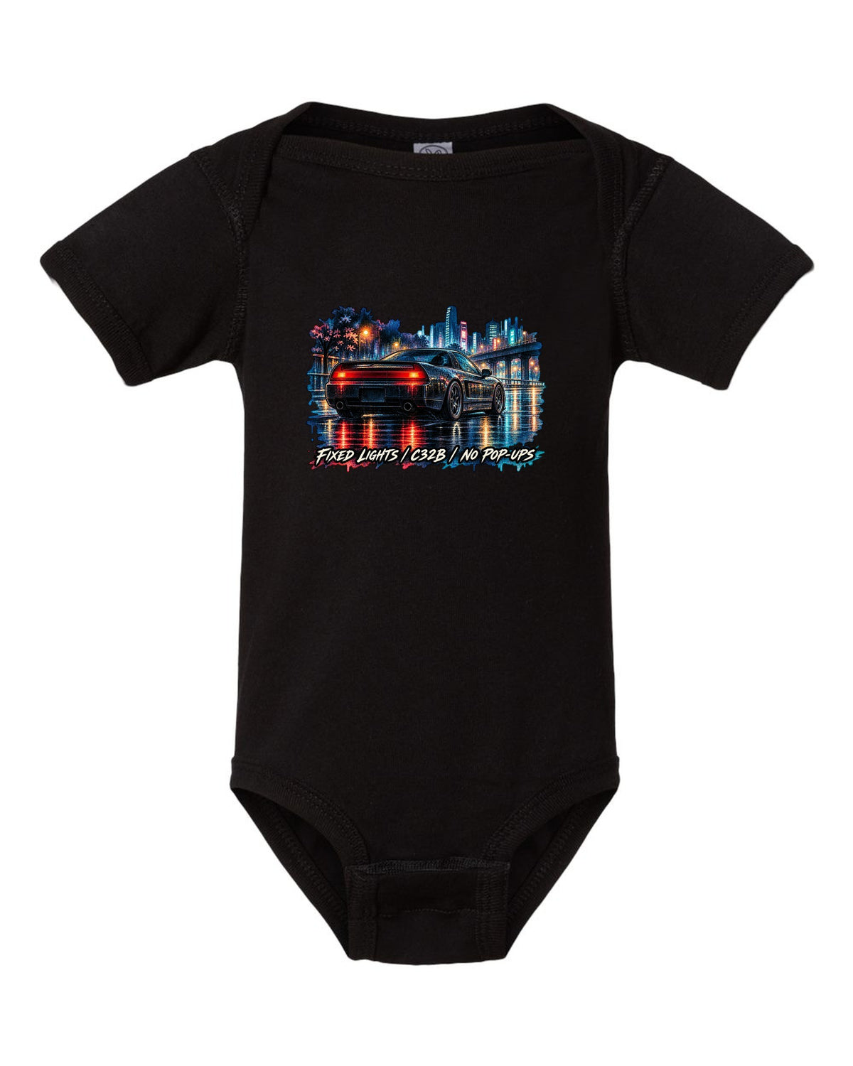 Watercolour wet-road night print of a Honda NSX NA2 with fixed lights C32B no pop-ups text black baby onesie front view with the design