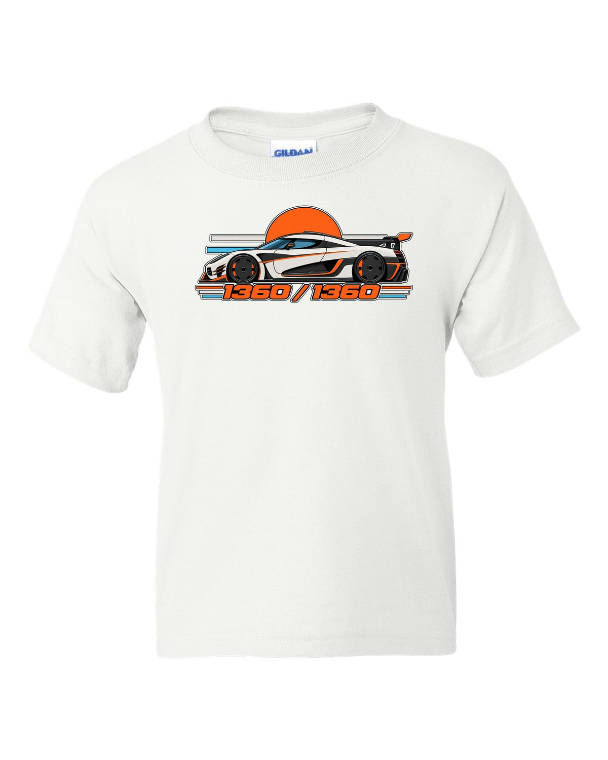 Minimal Swiss grid print for the Koenigsegg One:1 with 1360 over 1360 lettering white kids tee front view with the design