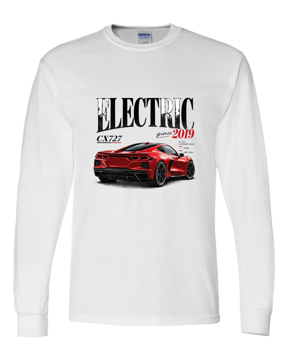 Ford Mustang Mach-E CX727 editorial headline print reading Electric Since 2019 white long sleeve front view with the design