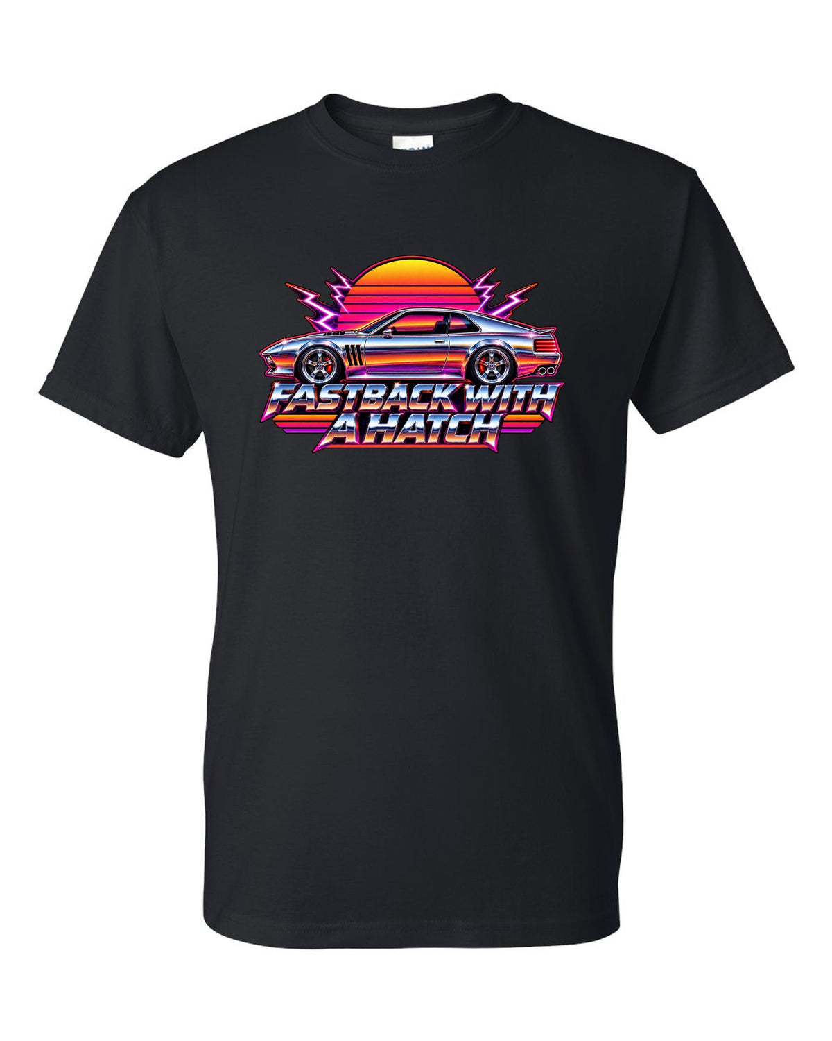Kia Stinger GT CK 80s airbrush chrome sunset print with fastback with a ch text black t-shirt front view with the design