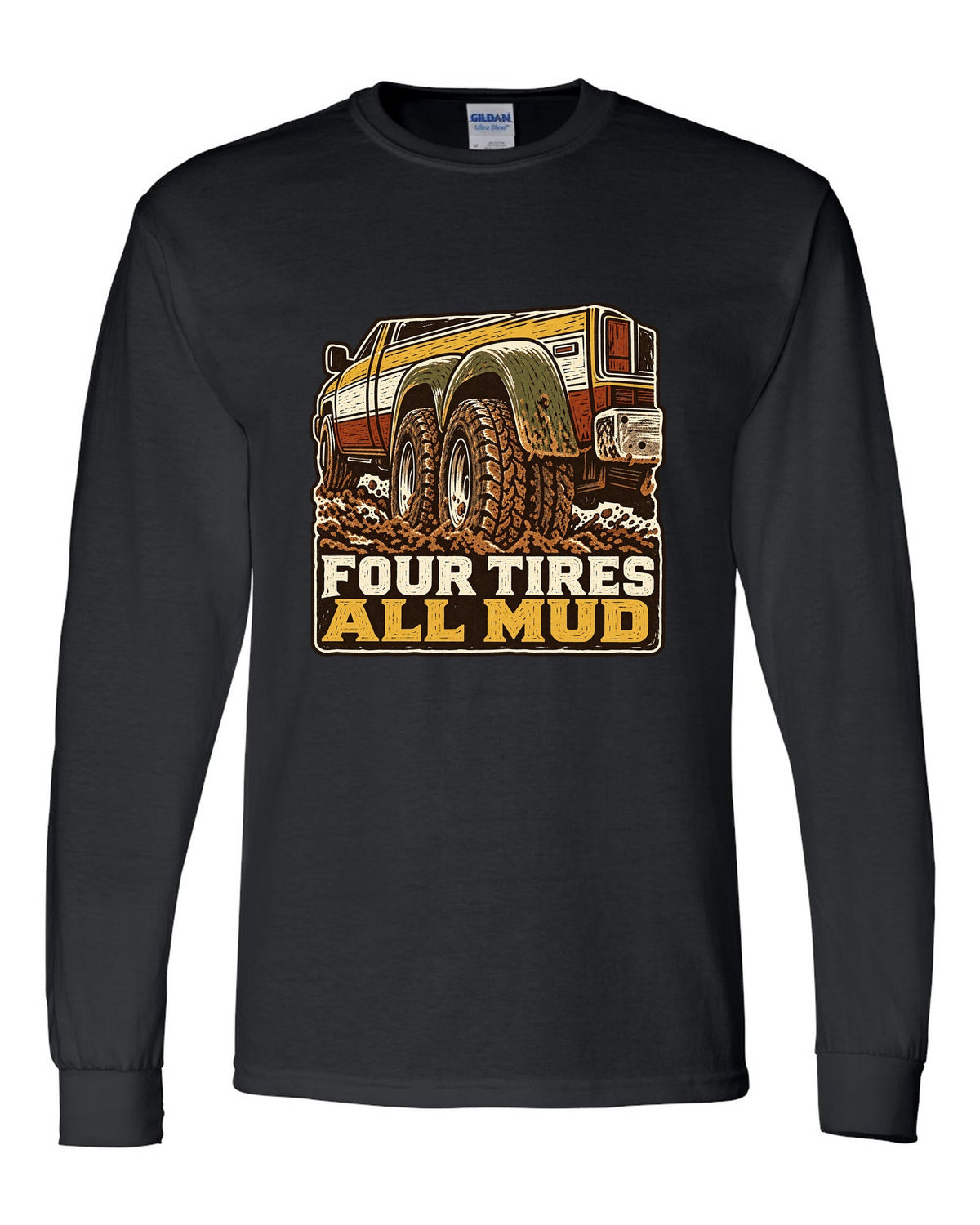 Linocut print of a 1994-1998 Dodge Ram 2nd gen dually in mud with four tires all mud text black long sleeve front view with the design