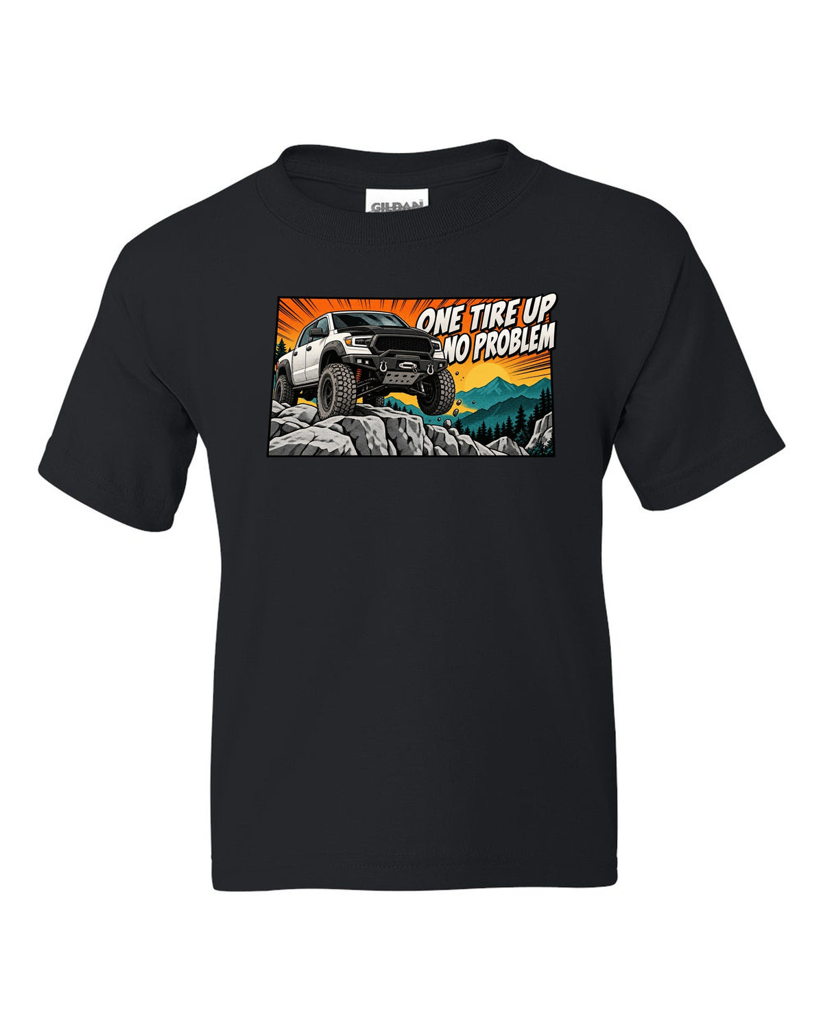 Retro manga halftone print of a Ram Power Wagon 2500 4x4 with one tire up on a ledge black kids tee front view with the design