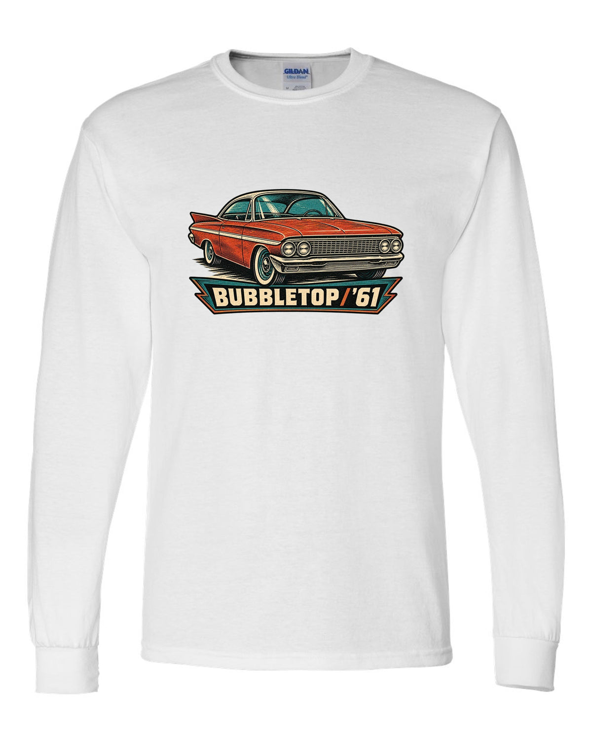1961 Chevrolet Impala Sport Coupe bubbletop in linocut style with text Bubbletop '61 white long sleeve front view with the design