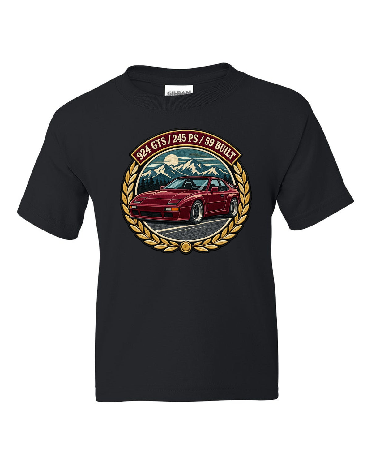Embroidery-style racing crest for the Porsche 924 GTS with 245 PS and 59 built lettering black kids tee front view with the design