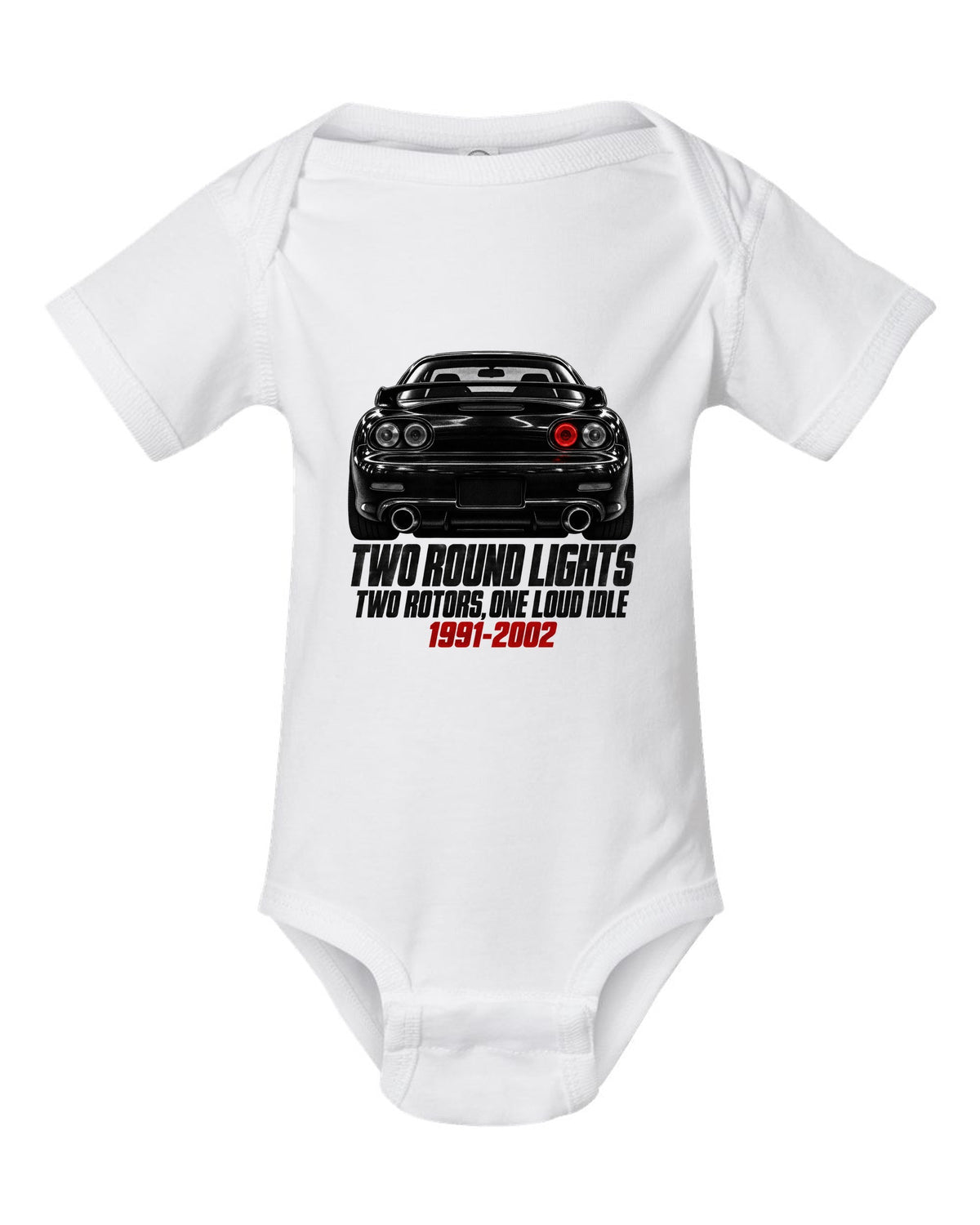Taillight detail print of a Mazda RX-7 FD3S with two round lamps white baby onesie front view with the design