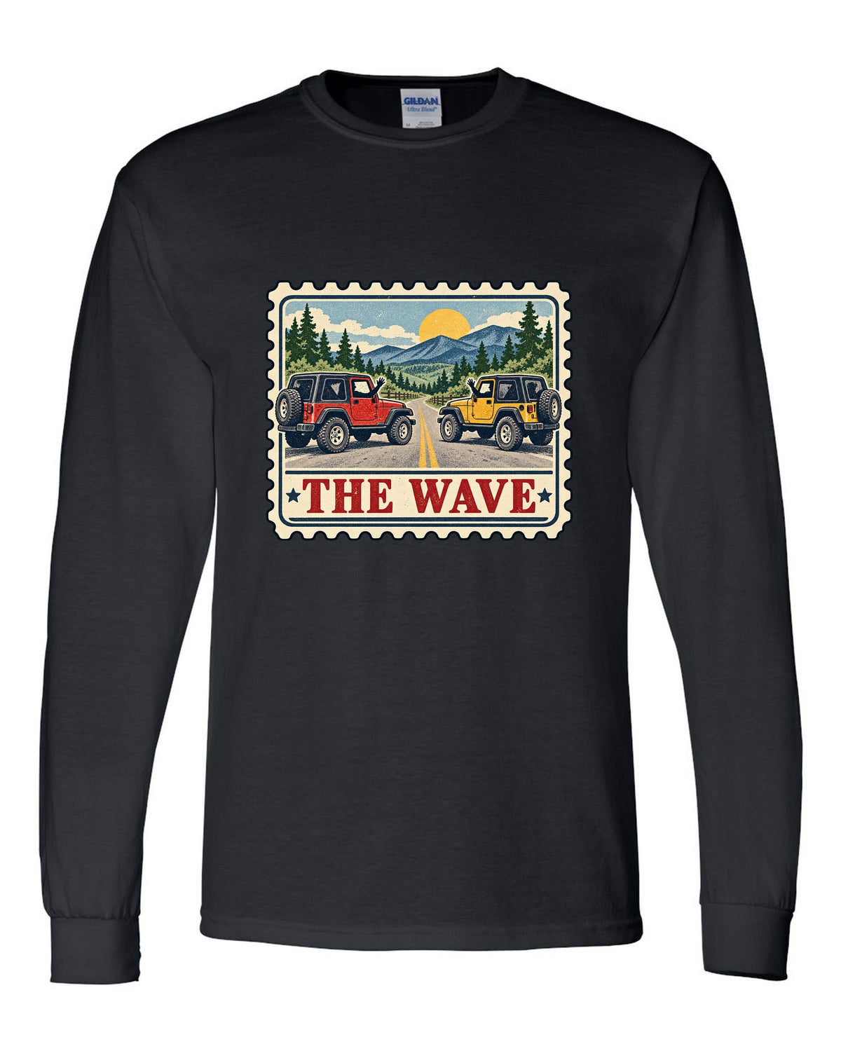 Vintage postage stamp print of a Jeep Wrangler TJ with the words The Wave black long sleeve front view with the design
