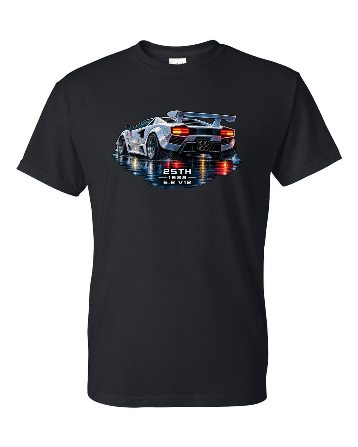 Watercolour wet-road night scene of a Lamborghini Countach 25th Anniversary with 25th 1988 5.2 V12 text black t-shirt front view with the design