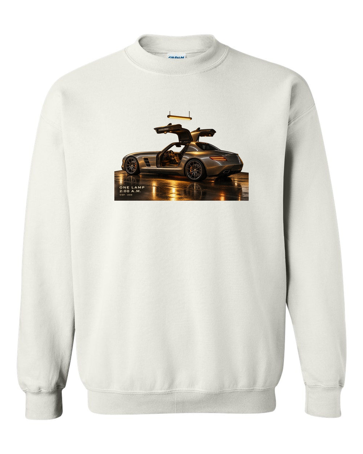 Garage night print of a Mercedes SLS AMG C197 under one lamp with 2:00 A.M. lettering white crewneck front view with the design
