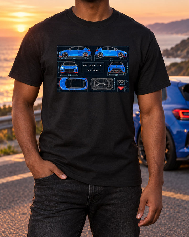 Hyundai Veloster N JS Door Layout Blueprint Tee, Car Guy Gift T-Shirt Black worn hero