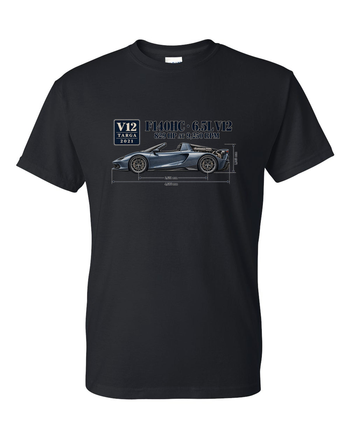 Ferrari Daytona SP3 dimension blueprint print with F140HC 6.5L V12 black t-shirt front view with the design