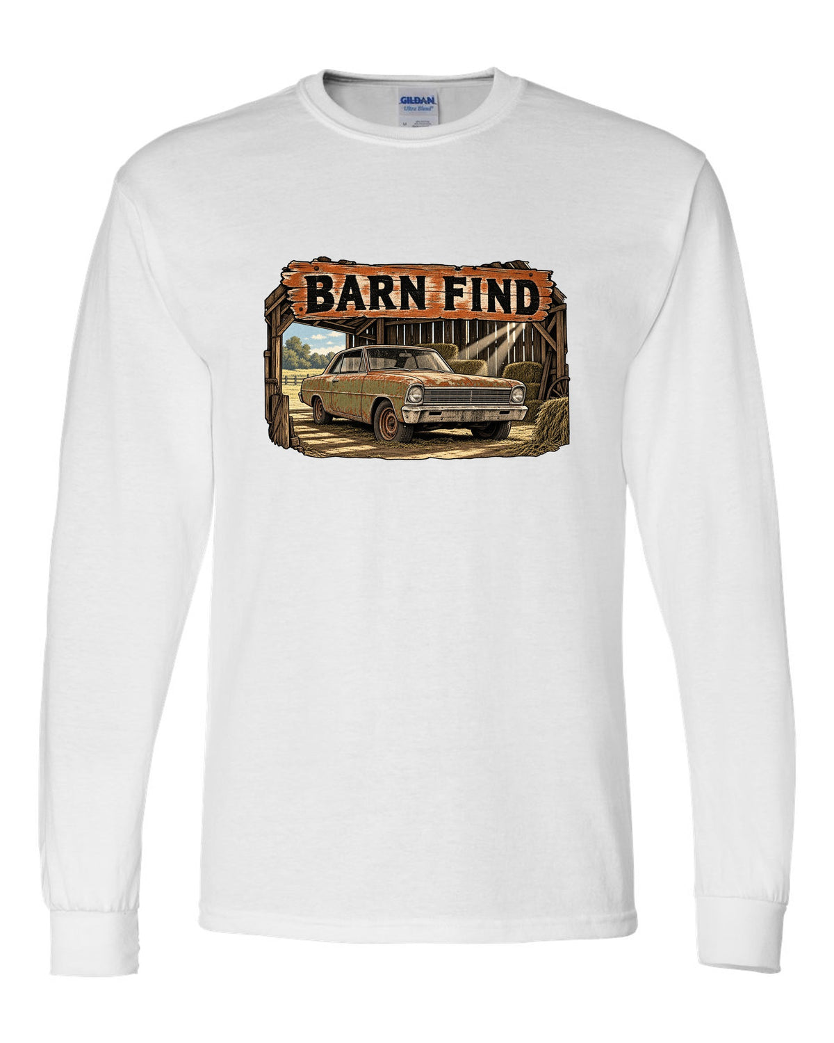 Retro manga halftone print of a 1966 Chevrolet Nova Chevy II with the text Barn Find white long sleeve front view with the design