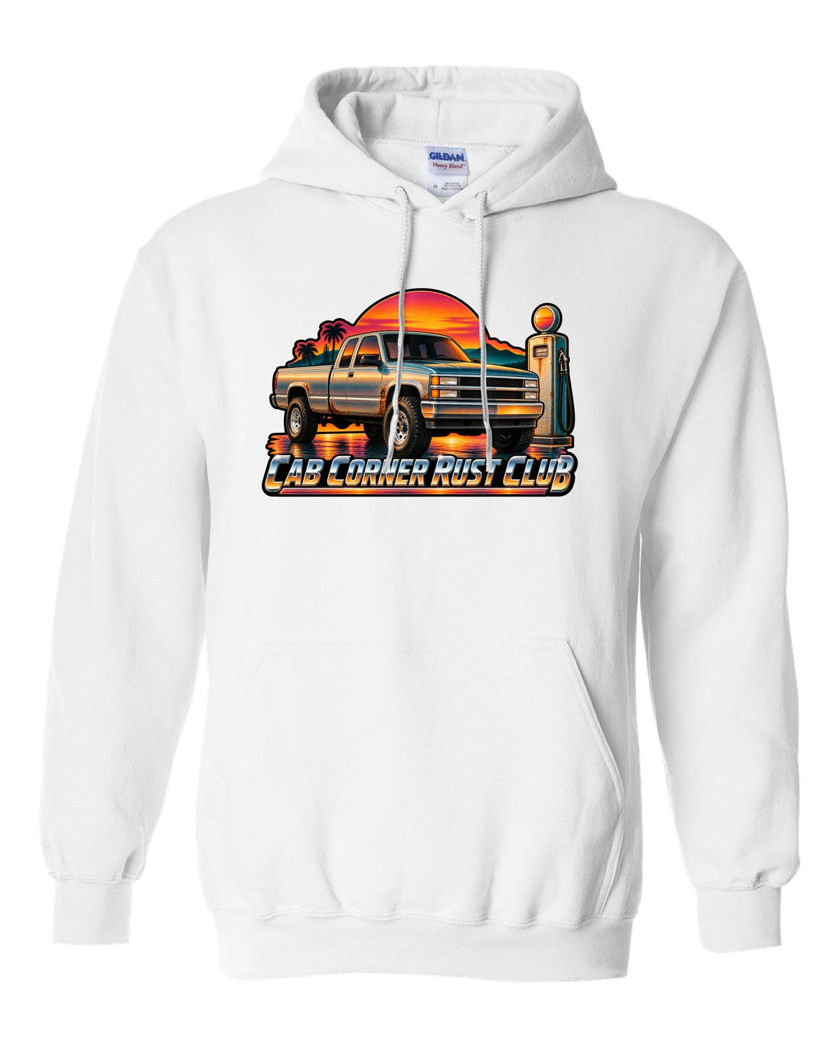 70s airbrush sunset gas pump print of a 1988-1998 Chevrolet OBS Silverado with Cab Corner Rust Club text white pull over hoodie front view with the design