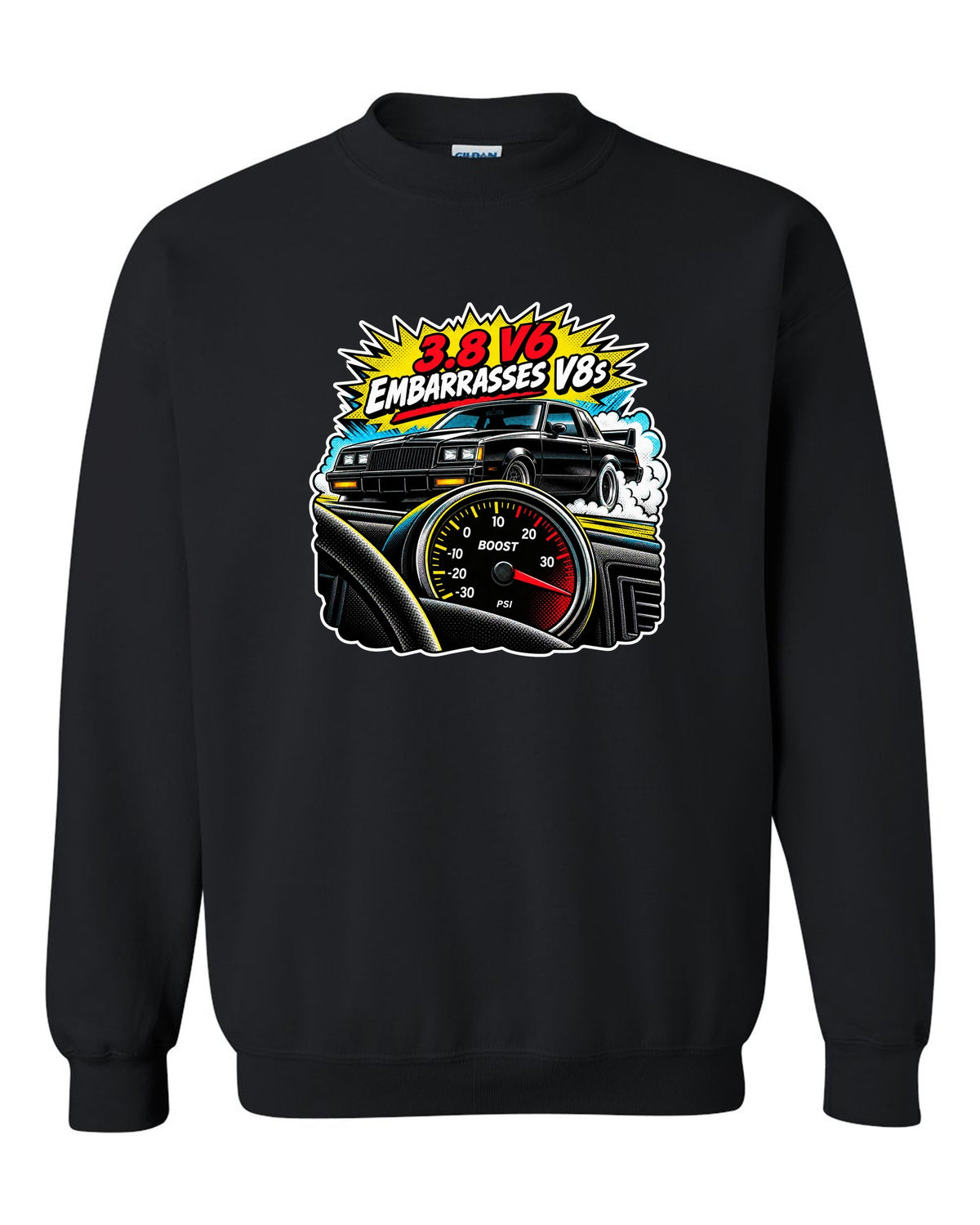 Comic halftone pop-art illustration of a 1987 Buick Grand National with boost gauge and V6 lettering black crewneck front view with the design