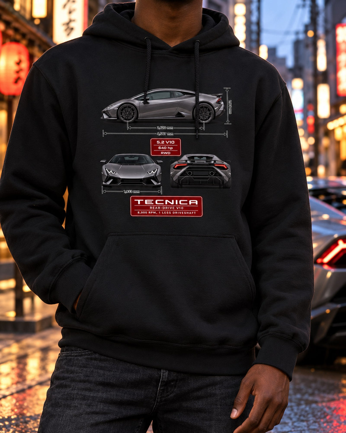 Lamborghini Huracan Tecnica Three-View Spec Table Shirt Pull Over Hoodie Black worn hero