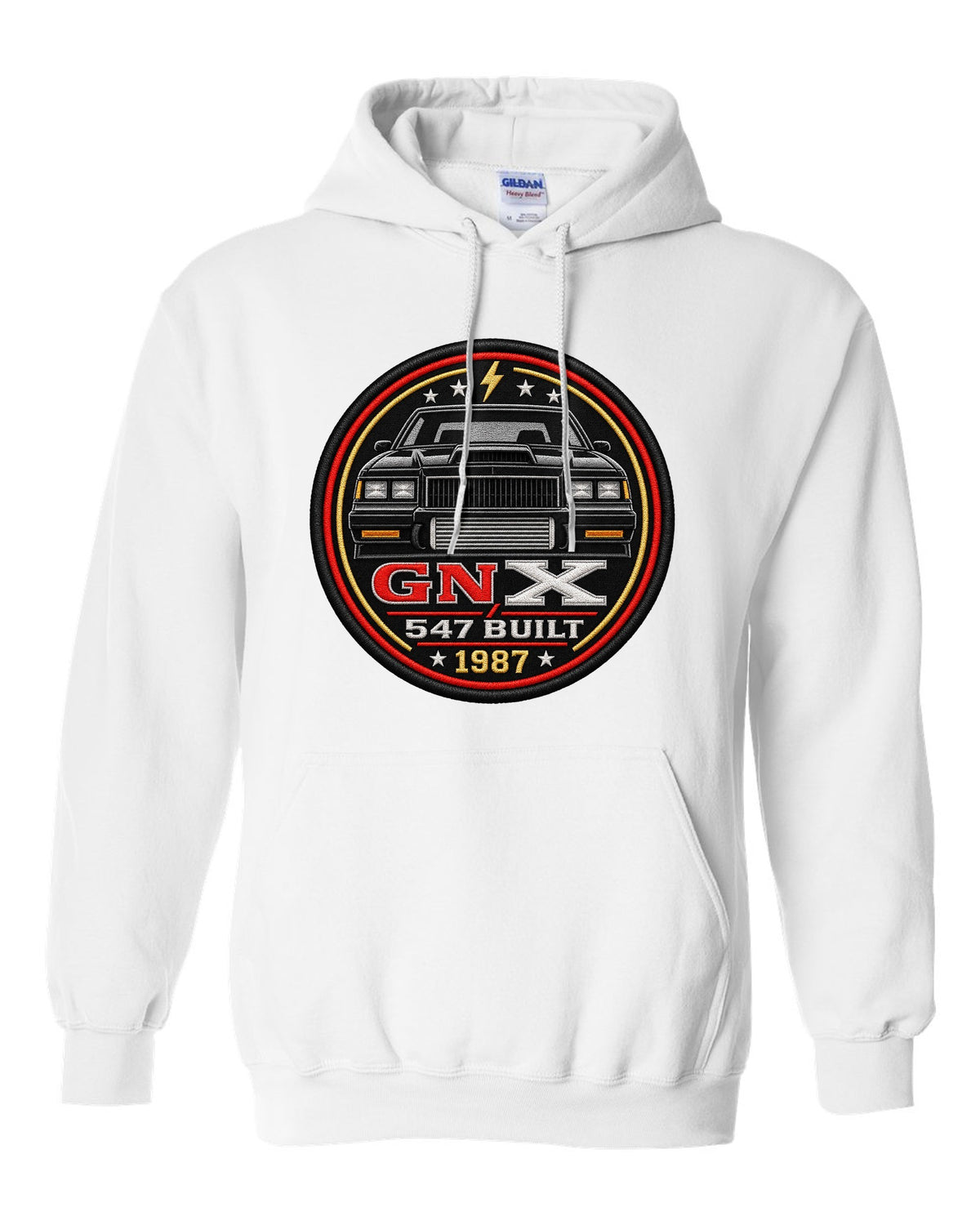 1987 Buick GNX coupe inside a round crest design with 547 built text white pull over hoodie front view with the design