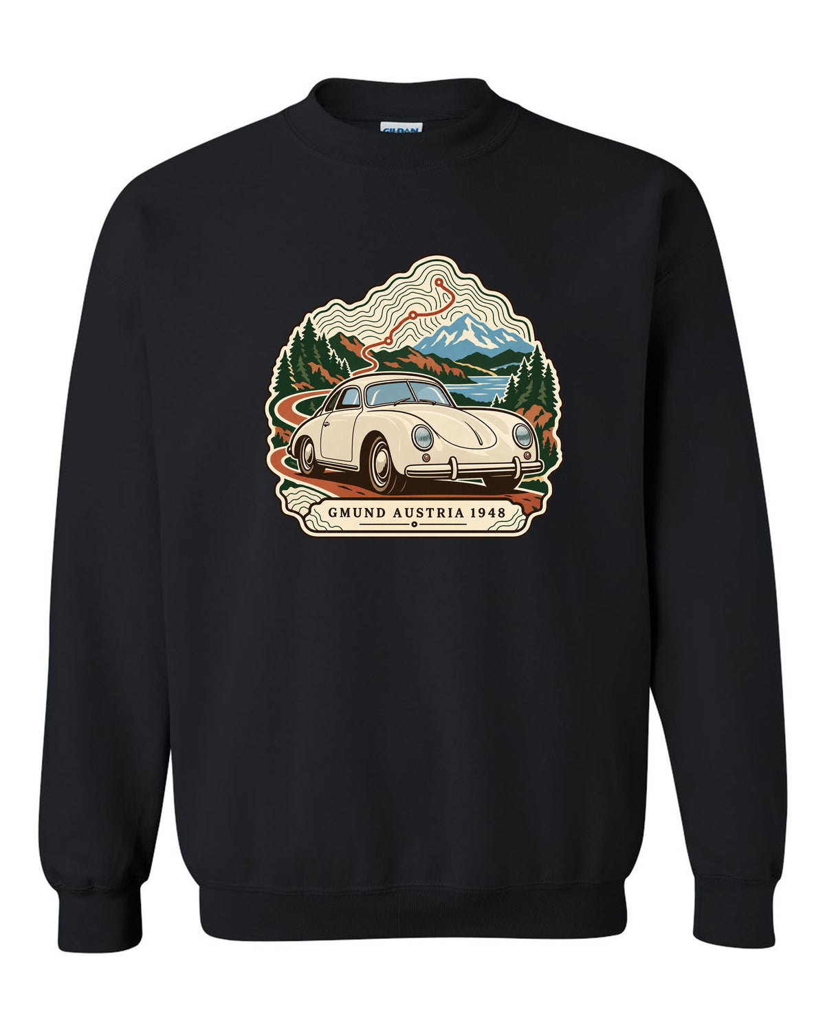 Topographic contour map design marking Gmund Austria 1948 for the Porsche 356 black crewneck front view with the design