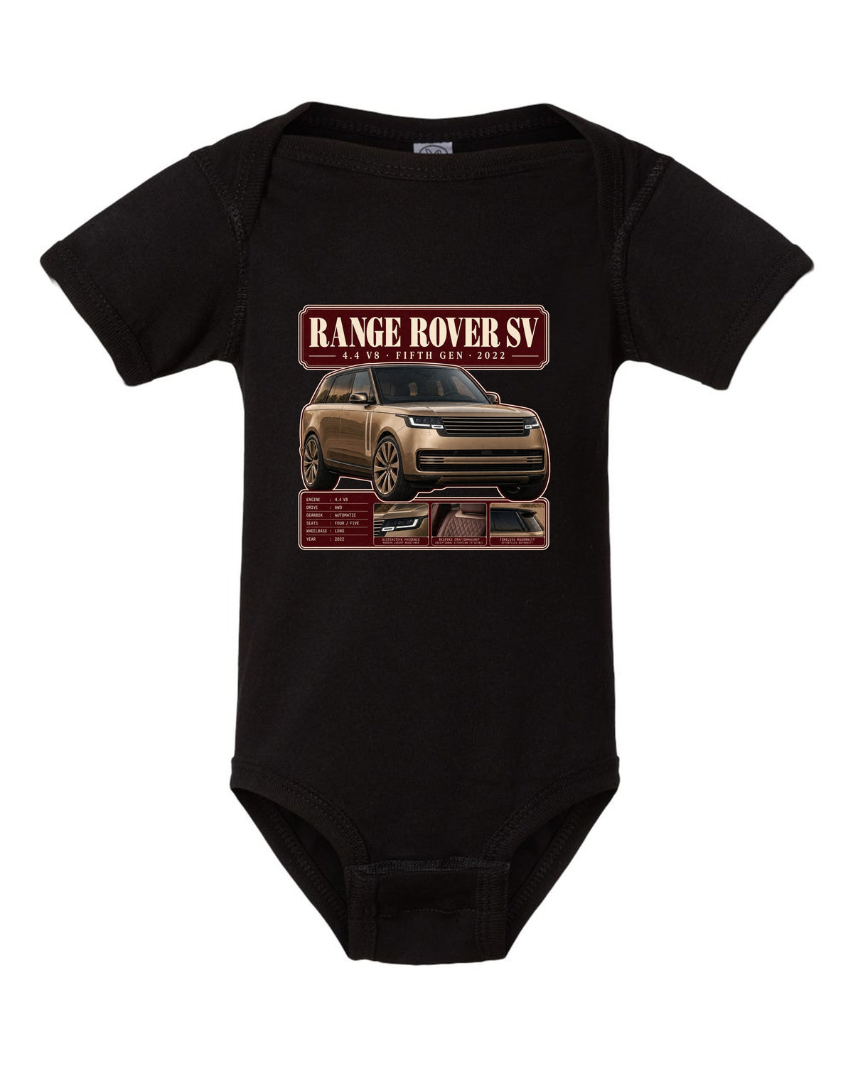 Archive panel print of the Range Rover SV L460 with 4.4 V8 and fifth generation black baby onesie front view with the design