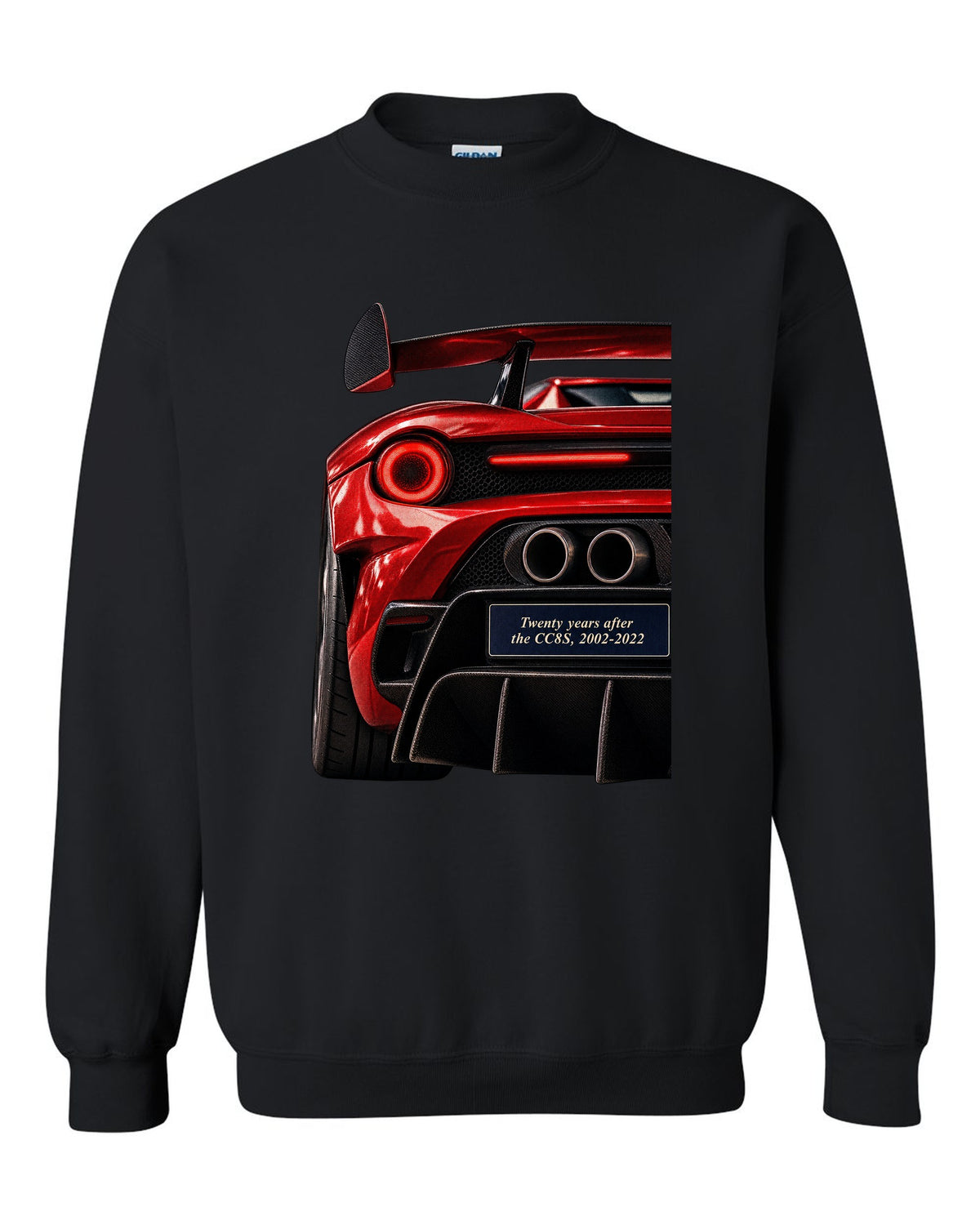 Taillight macro print of the Koenigsegg CC850 with the text twenty years after the CC8S, 2002-2022 black crewneck front view with the design