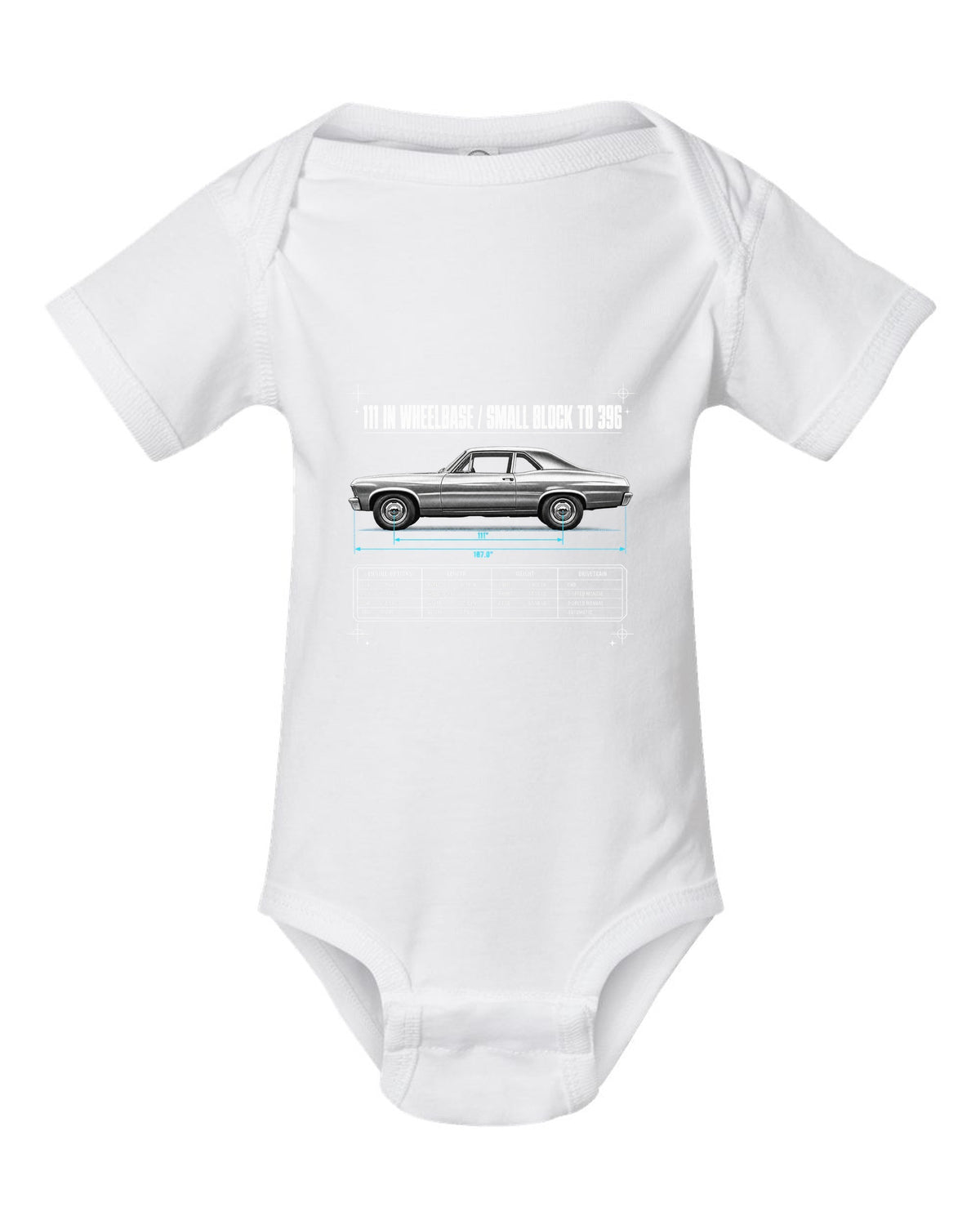 1968 Nova X-Body Spec Poster white baby onesie front view with the design