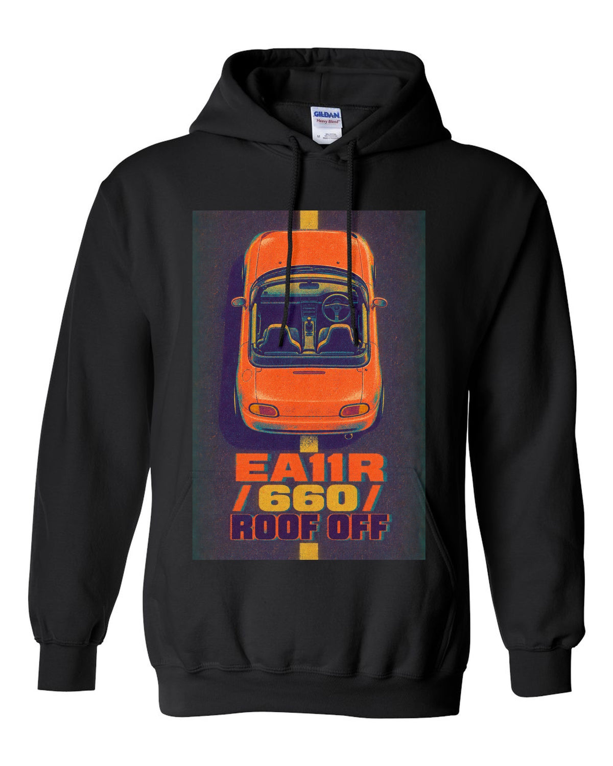 Risograph-style Suzuki Cappuccino EA11R with the text 660 and roof off black pull over hoodie front view with the design