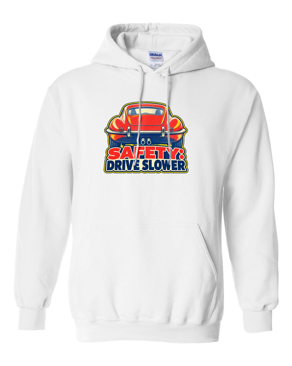 Jaguar E-Type Series 1 risograph print with SAFETY DRIVE SLOWER lettering white pull over hoodie front view with the design