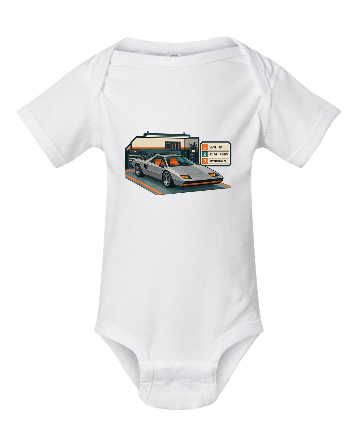 Hyundai N Vision 74 concept spec-sheet data plate print with 670 HP and hydrogen text white baby onesie front view with the design
